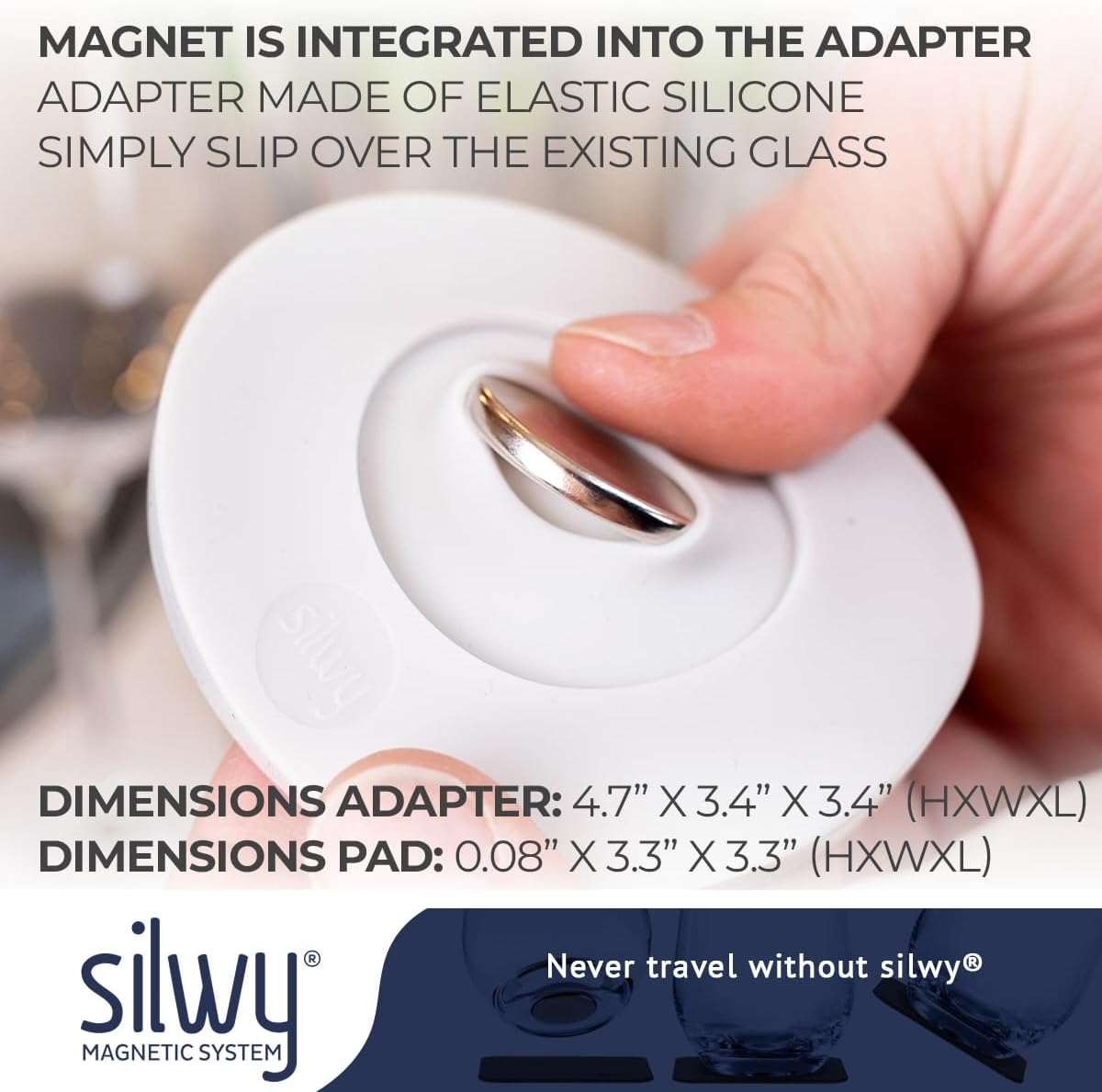 silwy® Magnetic Adapter for Stem Glasses with Metal Nano-Gel Pad – Retrofit Magnetic System for Wine Glasses, Champagne Flutes, and Pilsner Glasses – Includes 1 Magnetic Sleeve & 1 Pad