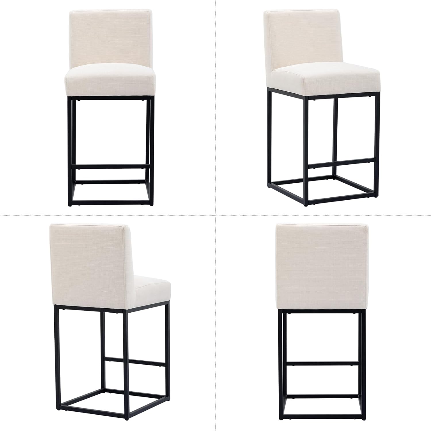 BESTANO Cream Linen Bar Stool, 27" Modern Counter Height Stools with Backrest, Black Metal Frames, Upholstered Accent Barstools for Kitchen Island