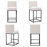 Vista 6 de Taburete de bar de lino crema, taburetes modernos de altura de mostrador de 27 pulgadas con respaldo, marcos de metal negro, taburetes de bar