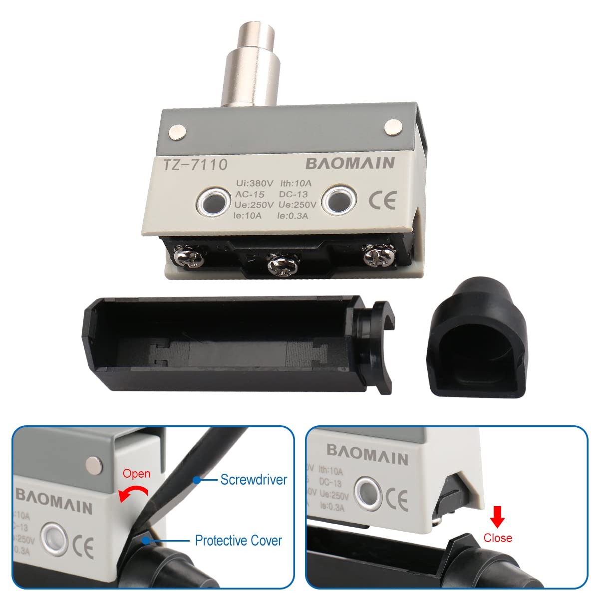 BAOMAIN 10A 380V Horizontal Limit Switch, Push Plunger SPDT 1NC+1NO Momentary TZ-7110 for Machinery Position Monitoring, CNC & Industrial Automation 1-Pack