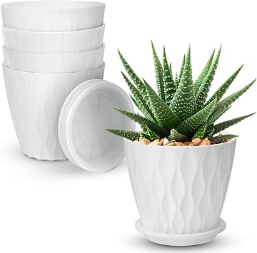 YNNICO 4 inch Plant Pots, 5 Pack Flower Pots Outdoor Indoor, Planters with Drainage Holes and Tray SaucersWhite