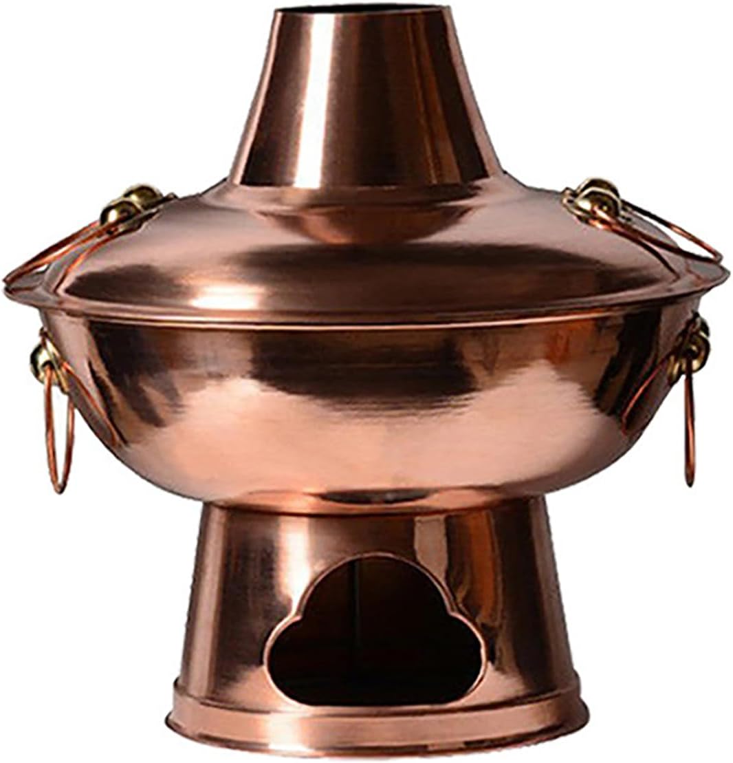 Copper Hot Pot, 32cm, Red Copper, Stainless Steel, Traditional Charcoal-Heated Soup Boiler, Kitchen Fondue, Lamb Outdoor Cooker, 5L, with Lid, Tray