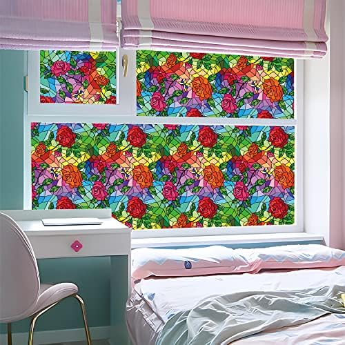 dktie Window Privacy Film Static Cling Rose Window Sticker Bathroom Glass Window Decals Non Adhesive for Home Windows 44.5x200cm