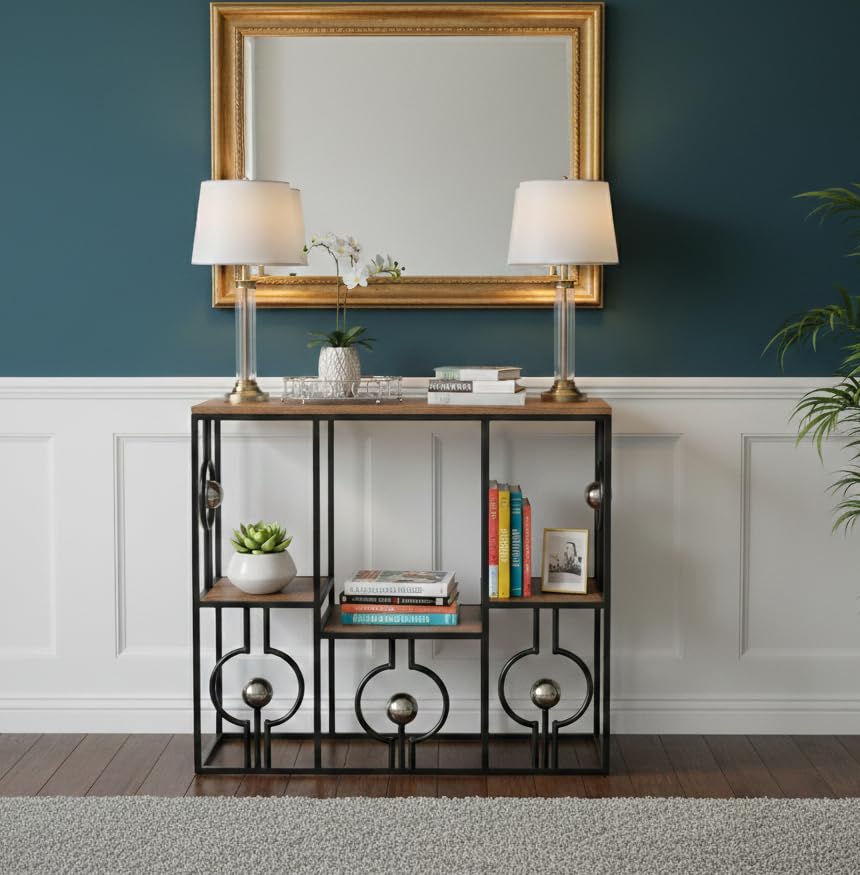 Image of Console Table with Storage, Modern Engineered Wood, Gold Metal Frame with Decorative Spheres, 30x30x7.5 Inch (Black Brown)