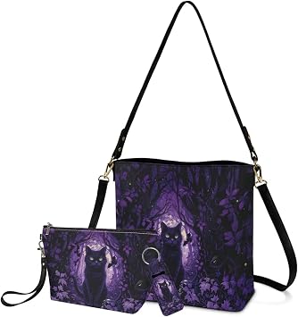 Black Cat Forest Bat Print 3-in-1 Lightweight Purse Organizer Shoulder Bag with Handle, Large Makeup Pouch with Zip, and Lip Balm Gloss Holder Keychain