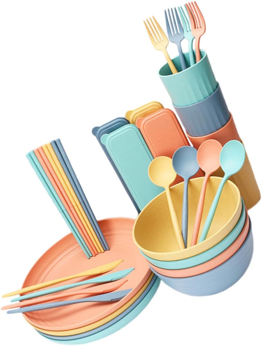4sets Wheat Straw Cutlery Delicate Tableware Set Microwave Safe Bowls Plates Cups Spoons Forks for Camping Picnics and Everyday Use