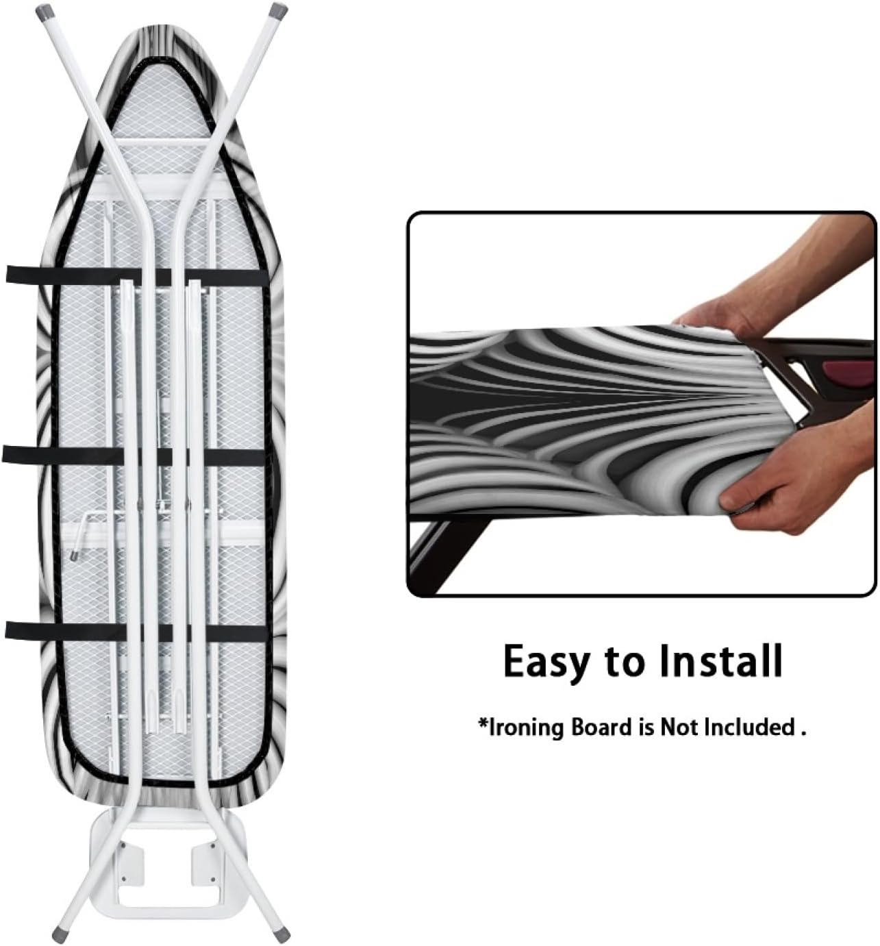 Ironing Board Cover 14x48 Black White Waves Iron Board Cover with Padding Heat Reflective,Scorch Resistant Thick Padding,Snug Fit Non-Slip Nose Pocket Fastener Straps Elastic Edges