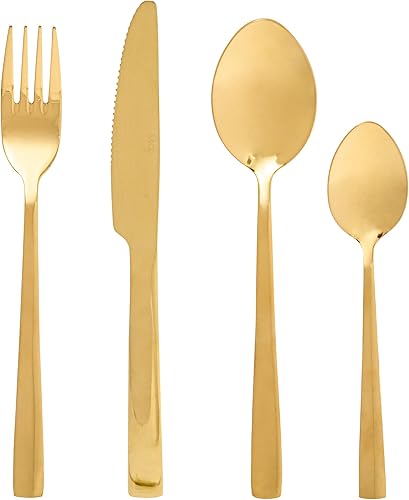 Safdie & Co. Cubiertos de acero inoxidable para 4, incluye cuchillo, tenedorcuchara, juego de 16 piezas, pulido dorado