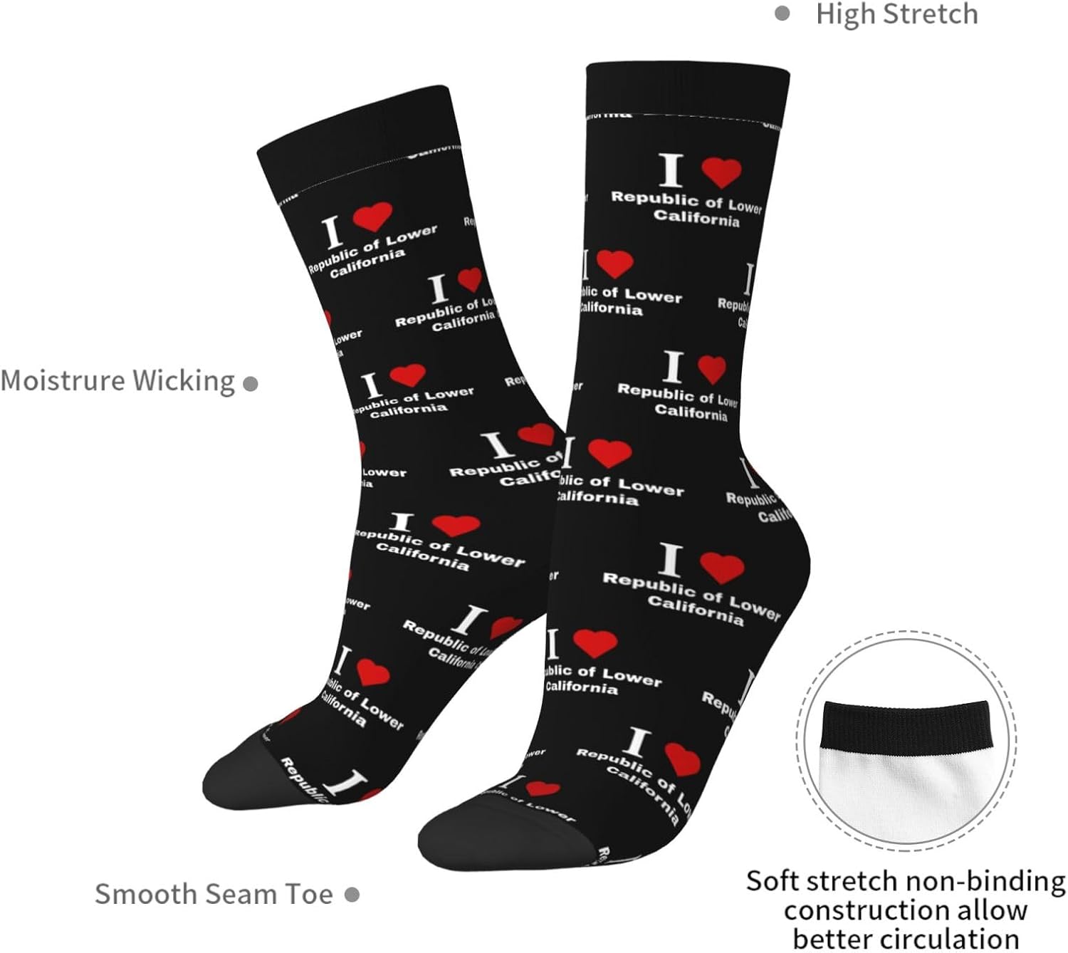 I love Republic of Lower California Socks For Men Women Sport Crew Athletic Running Wicking Socks