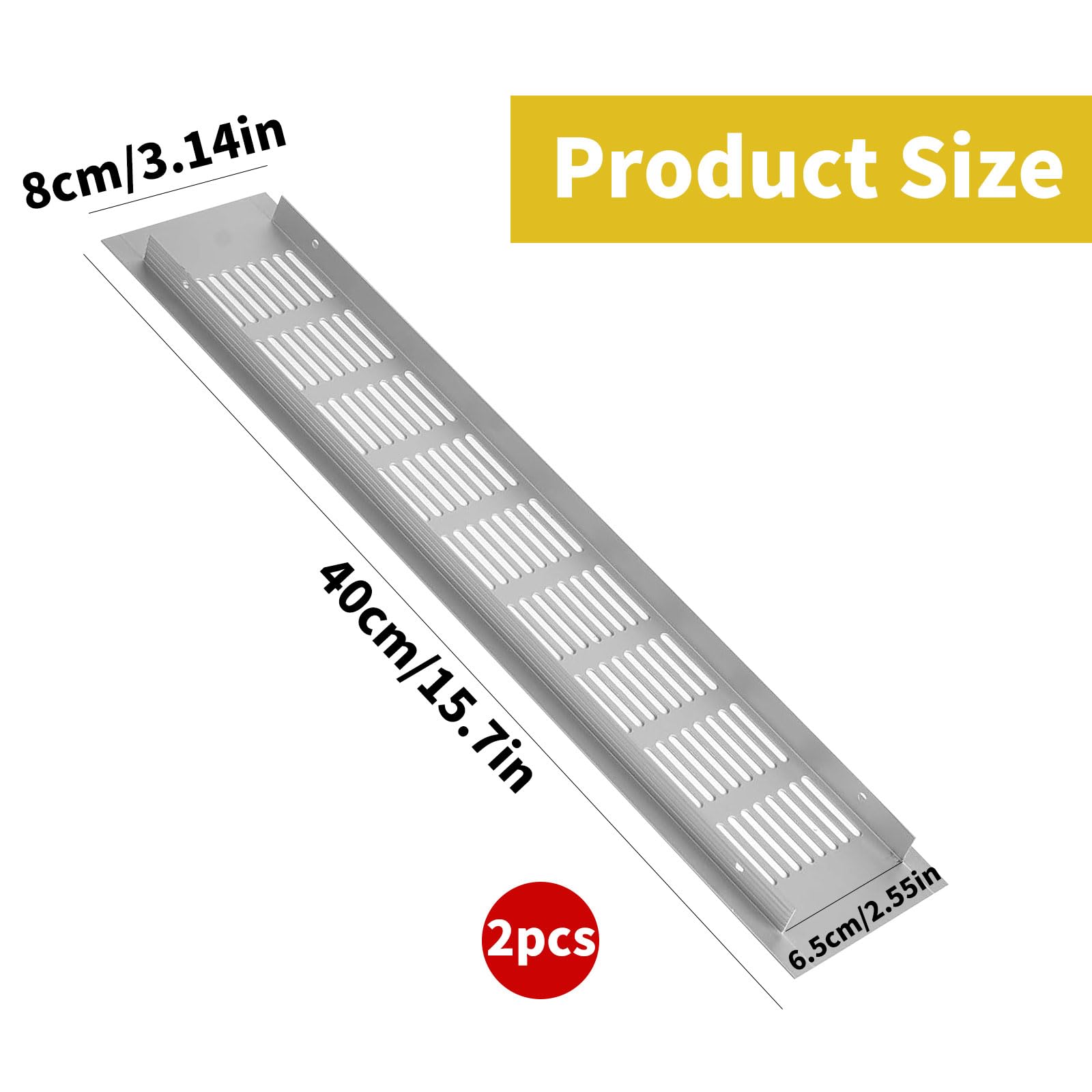 Kratka wentylacyjna, aluminiowa kratka wentylacyjna, prostokątna, ochrona przed korozją, do szafek i sypialni, kratka wentylacyjna do drzwi (80 mm x 400 mm), 2 sztuki