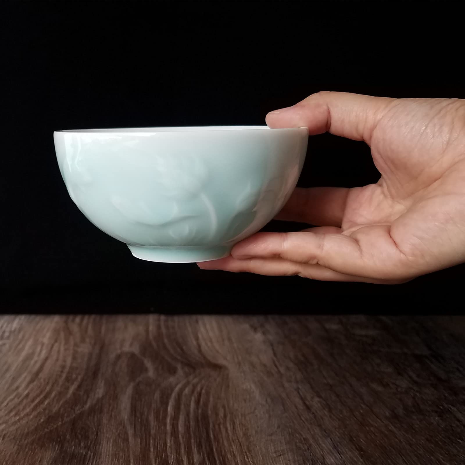 Set Of Celadon Cereal Bowls - 10 Ounce, 4.5 Inch Porcelain, Engraved Lotus Design, Microwave & Dishwasher Safe