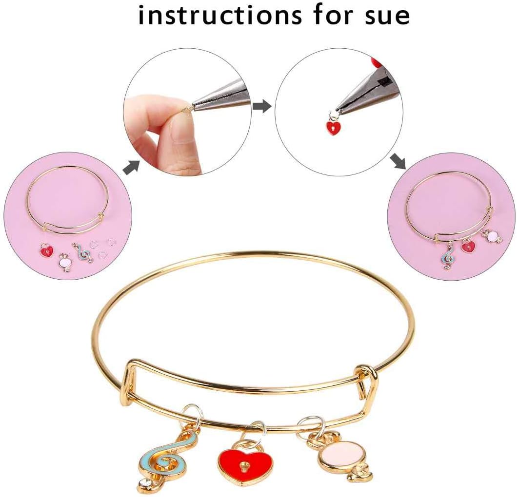 UPINS 20Pcs Expandable Bangle Bracelets Adjustable Wire Blank Bracelets with 30Pcs Gold Enamel Charms, 200Pcs Open Jump Rings for DIY Jewelry Making