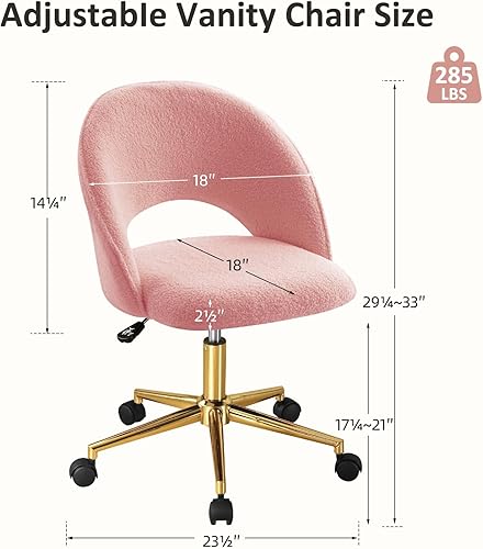 Miniatura 10 de Furniliving Silla de tocador rosa, bonitas sillas de escritorio para niñas con respaldo, silla decorativa tapizada con ruedas para sala de estar,