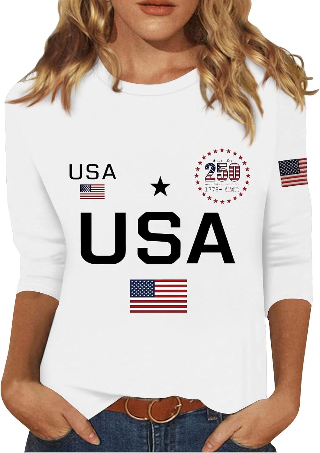 Womens 250 Years of Freedom Sweatshirt Plus Size American Flag 250Th Anniversary 3/4 Sleeve 1776 2026 USA Flag Tops