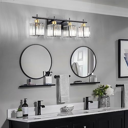 Miniatura 3 de Lámpara moderna de cristal de 28.2 pulgadas, 4 luces de tocador de baño, accesorios de iluminación de baño de cristal negro mate y dorado sobre el