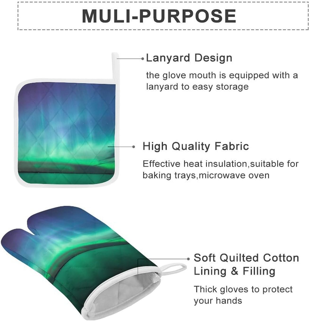 Beautiful Northern Lights Print Oven Mitts and Pot Holders 3 Piece Sets Heat Resistant Gloves Hot Pads Potholders for Kitchen Baking Cooking