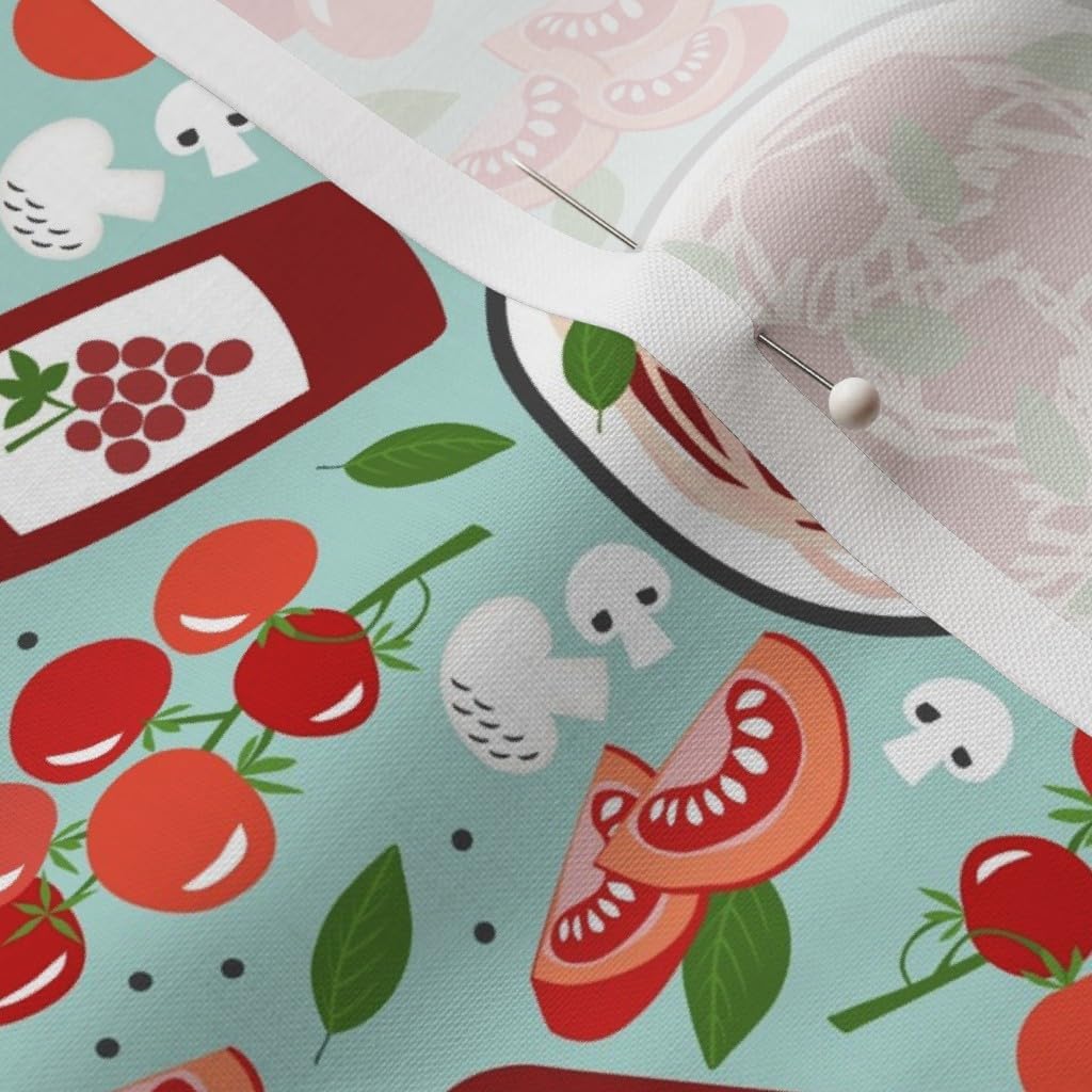 Spoonflower Fabric - Italian Food Teal Red Pasta Tomatoes Spaghetti Wine Meatballs Chef Printed on Petal Cotton Fabric Fat Quarter - Sewing Quilting Apparel Crafts Decor
