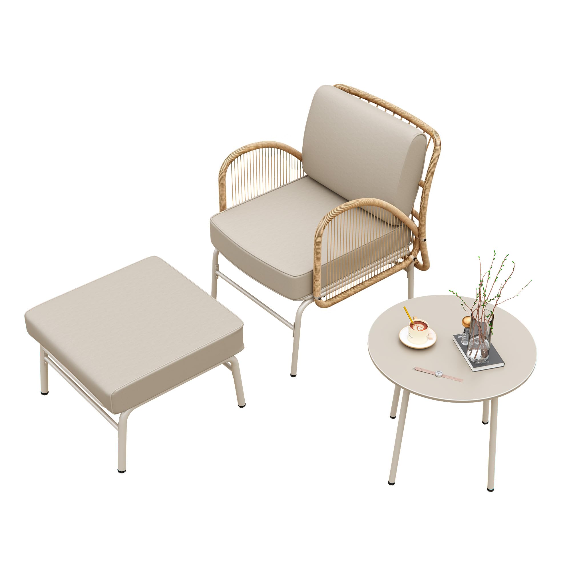 ALAULM 3-teiliges Rattan-Sitzgruppe, Outdoor Garten-Relaxsessel mit Hocker und rundem Couchtisch, Gepolstertes minimalistisches Bistro-Set für Balkon, Garten, Hinterhof & Terrasse (Khaki)