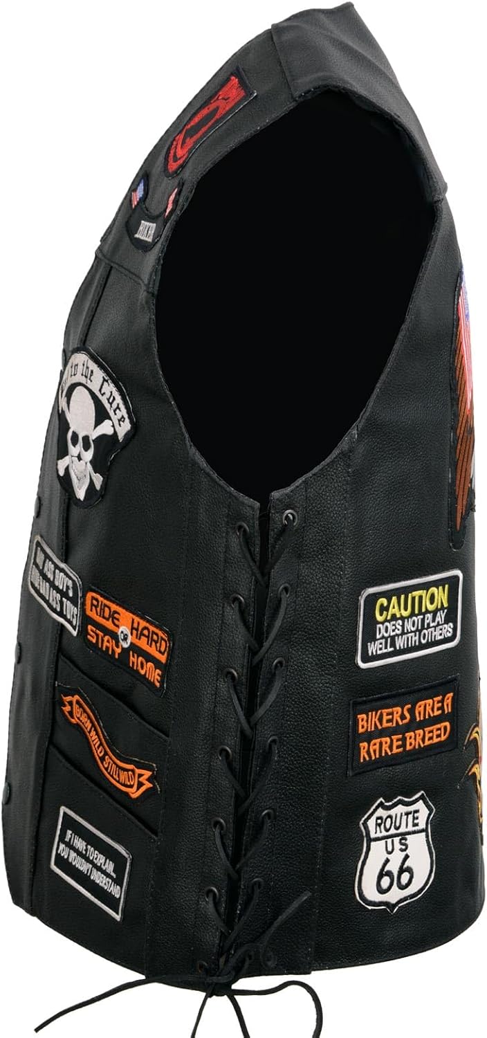 EVENT LEATHER ELM3920 Men's Black Leather Pre-Patched Bikers Vest w/ 6 Pockets - 23 Patches and Side Laces