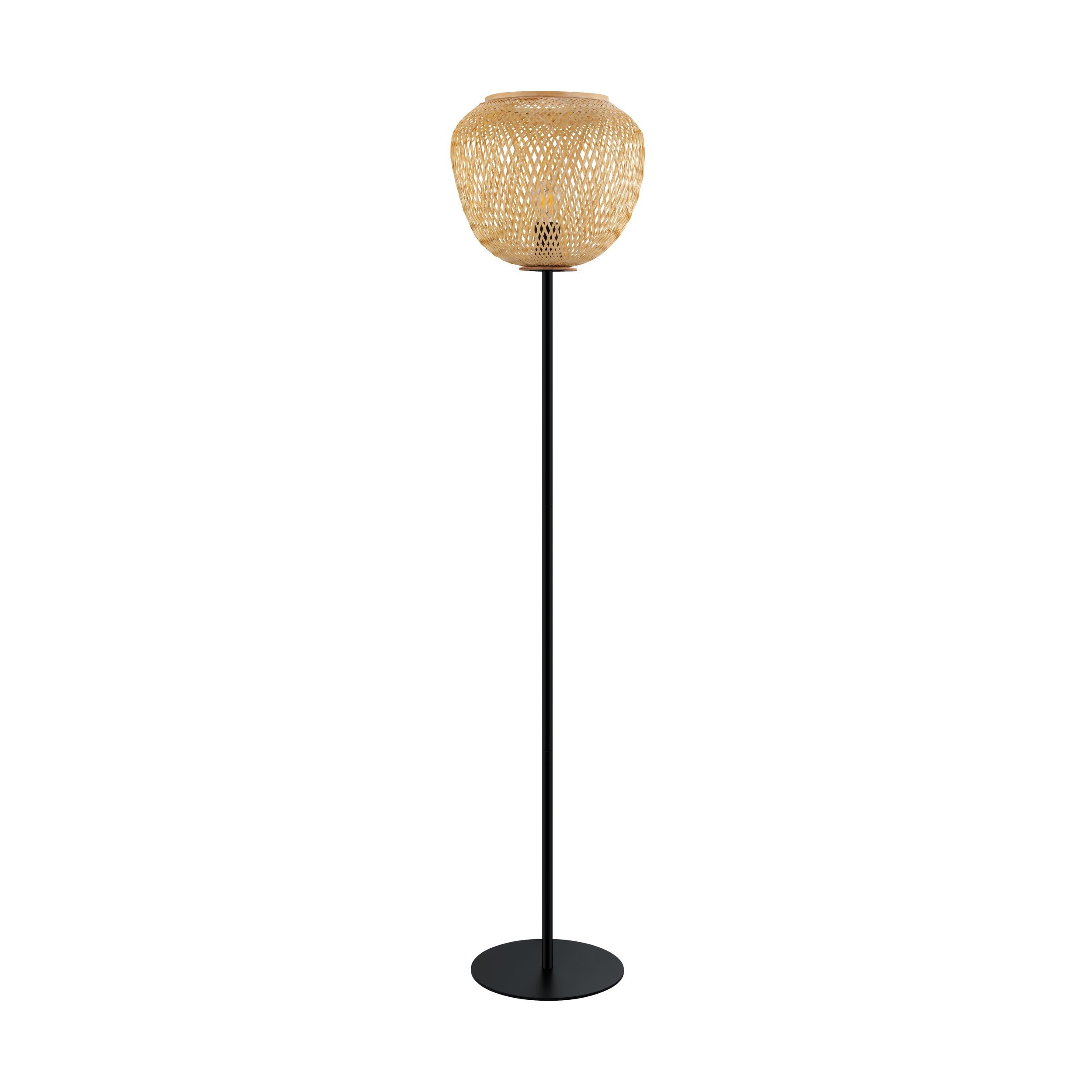 EGLO Lampa Stojąca Dembleby - 1-Punktowa w Stylu Vintage, Boho, ze Stali i Drewna, do Salonu, Czarno-Naturalna, z Przełącznikiem Nożnym, Oprawa E27 | Lampa stojąca ze stali i drewna, lampa do salonu w kolorze czarnym, naturalna, lampa z włącznikiem, opraw