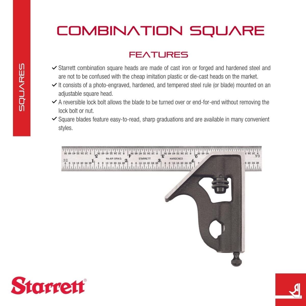 Starrett 11H-6-4R - Combinación cuadrada de 15,24 cm con cabezal de hierro fundido y acabado de arrugas negras