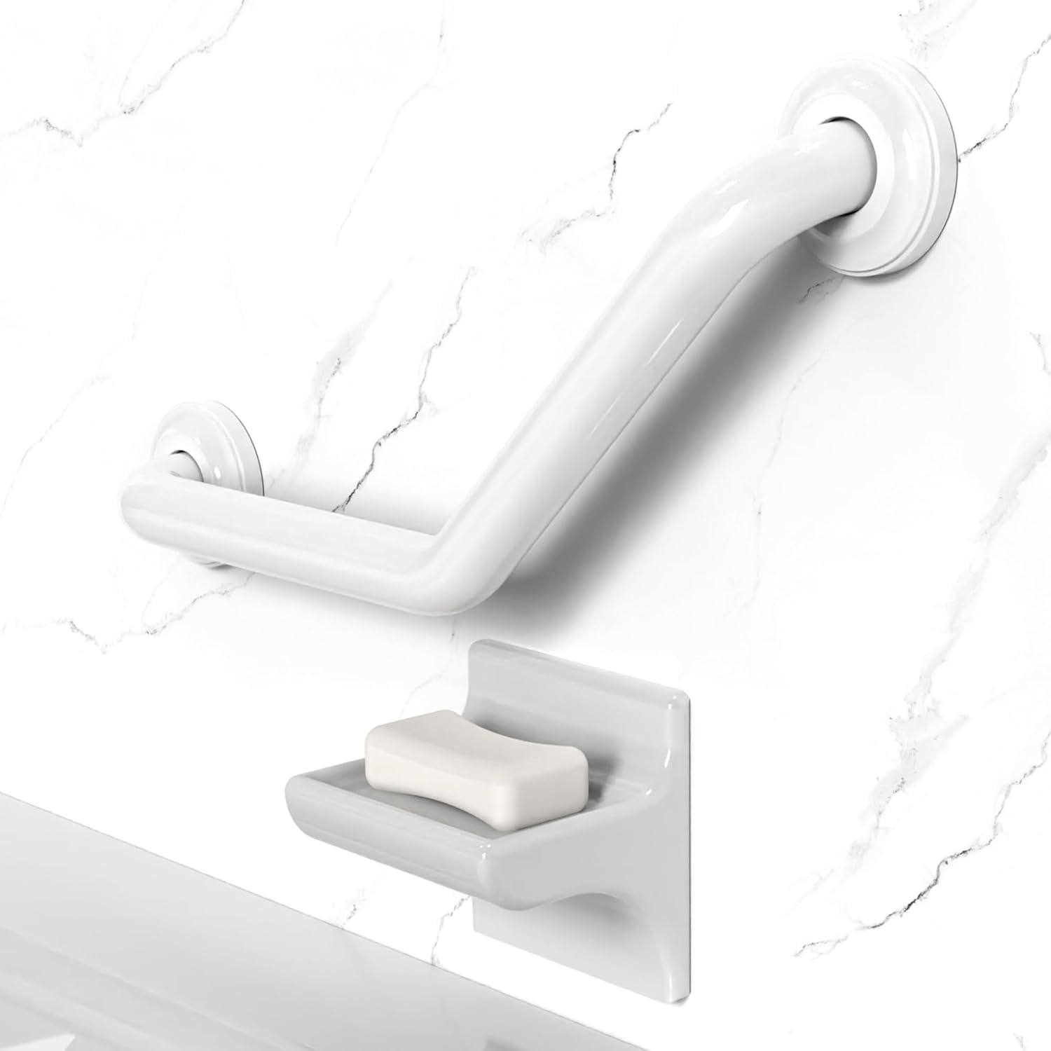 16inch Angled Grab Bar for Stud Mount, Bathroom Mobility Aid, ADA Compliant Heavy Duty 500lbs Support, Rustproof Stainless Steel (White)