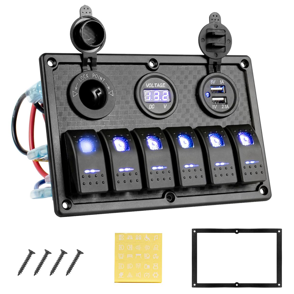 Marine Boat Switch Panel Waterproof 12V 6 Gang Rocker Switch Panel with USB Slot Cigarette Lighter for Car RV Truck