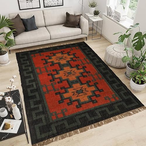 Sanwariya Rugs Handwoven Kilim Area Rug Geometric Pattern Wool Jute Blend Indoor