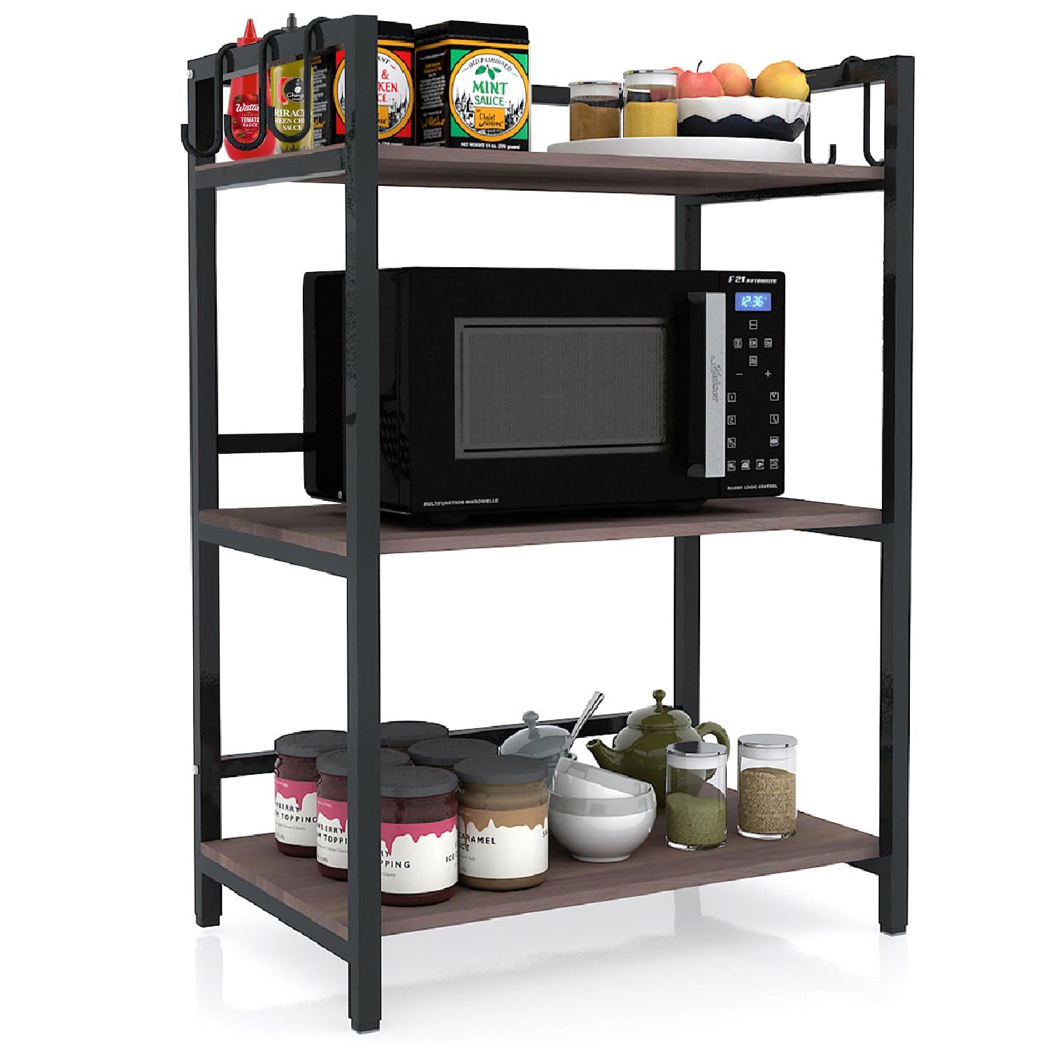 wow craft 3-Layer Multipurpose Microwave Oven Stand & OTG Rack | Floor-Mount Kitchen Storage Shelf with Black Pipe Design | Crafted with Engineered Wood & Metal | Dark Brown (90x60x40cms)