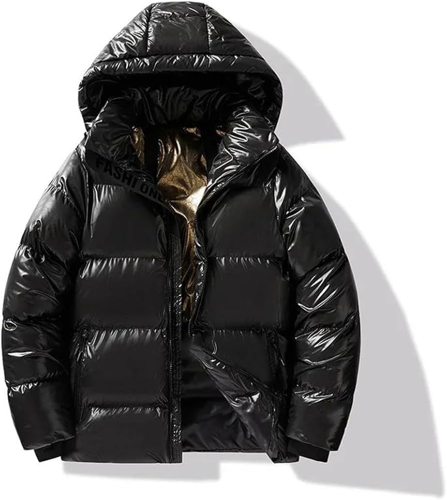 Mens Winter Warm Puffy Jacket Heavyweight Bubble Coat High-Loft Synthetic Fill Hooded Parka Shiny Quilted Padded