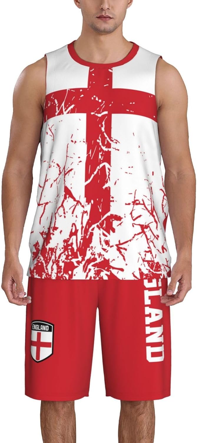England Flag Grain (2) Basketball Jersey Uniform Suit for Men Adults Training Athletic Set