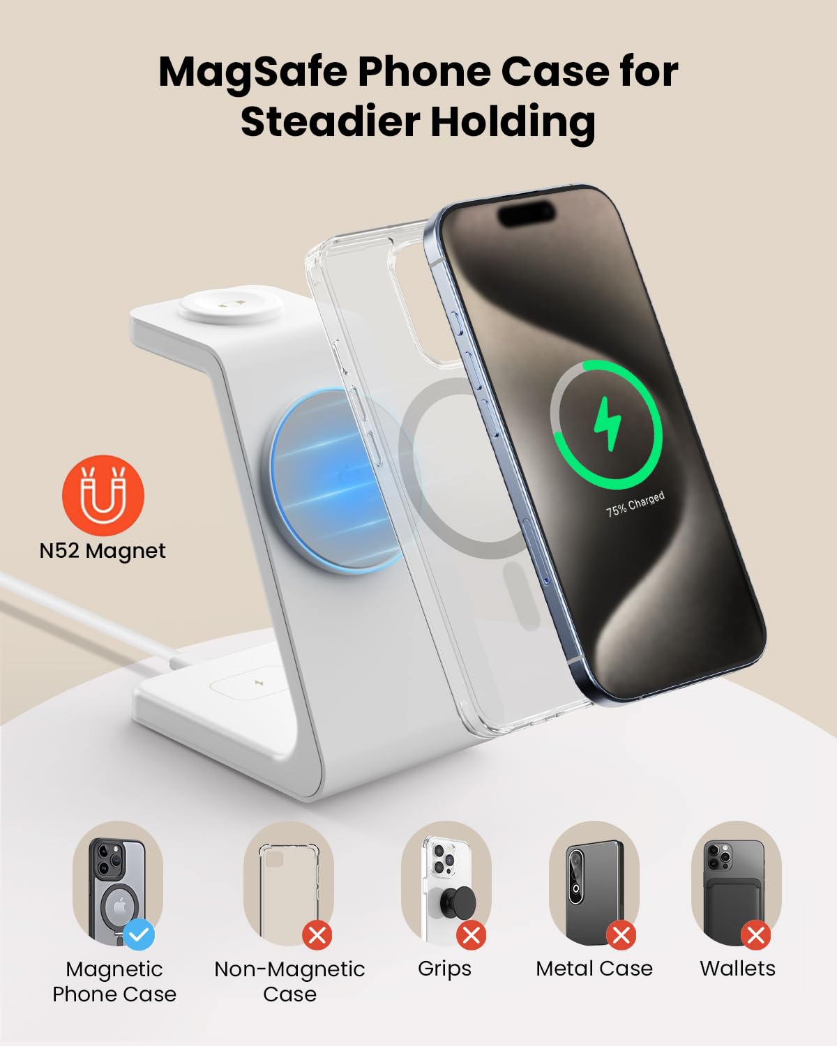 GEEKERA 3-in-1 Ladestation mit MagSafe, 15W Schnell Induktive Ladegerät für iPhone Air/17/16/15/14/13, Schnellladegerät für Apple Watch 11-2, Fast Charger Station für AirPods, Weiß