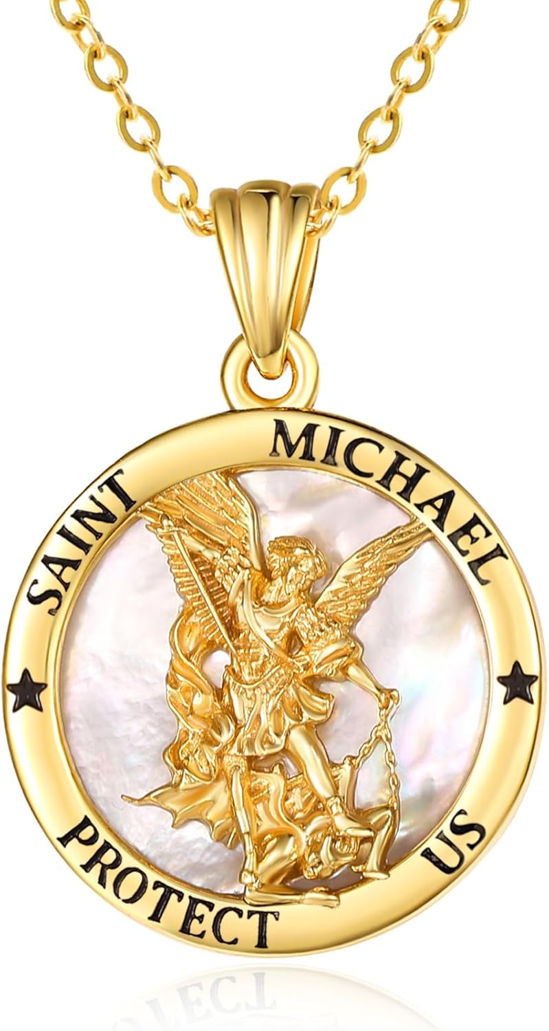 TANGPOET Round Saint Medal Pendant Necklace for Women 925 Sterling Silver 14K Gold Mother of Pearl Catholic Religious Christian Jewelry Gifts for Birthday Christmas Baptism