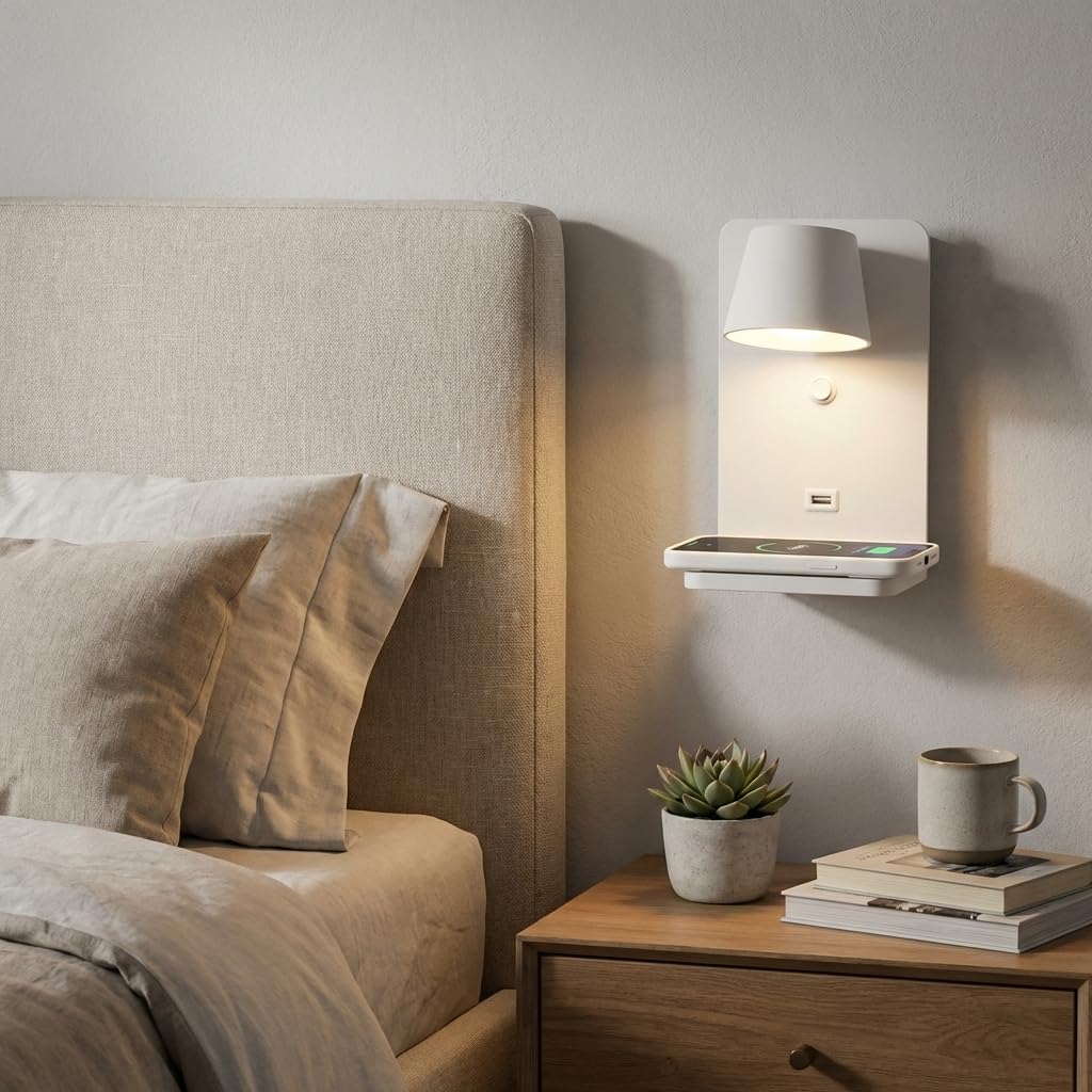 BARCELONA LED Wandleuchte "BASKOP W" Leselampe 6 W schwenkbar Kabellose Ladestation + USB-Port Moderne Wandleuchte ideal für Kopfteil, Schlafzimmer oder Schreibtisch