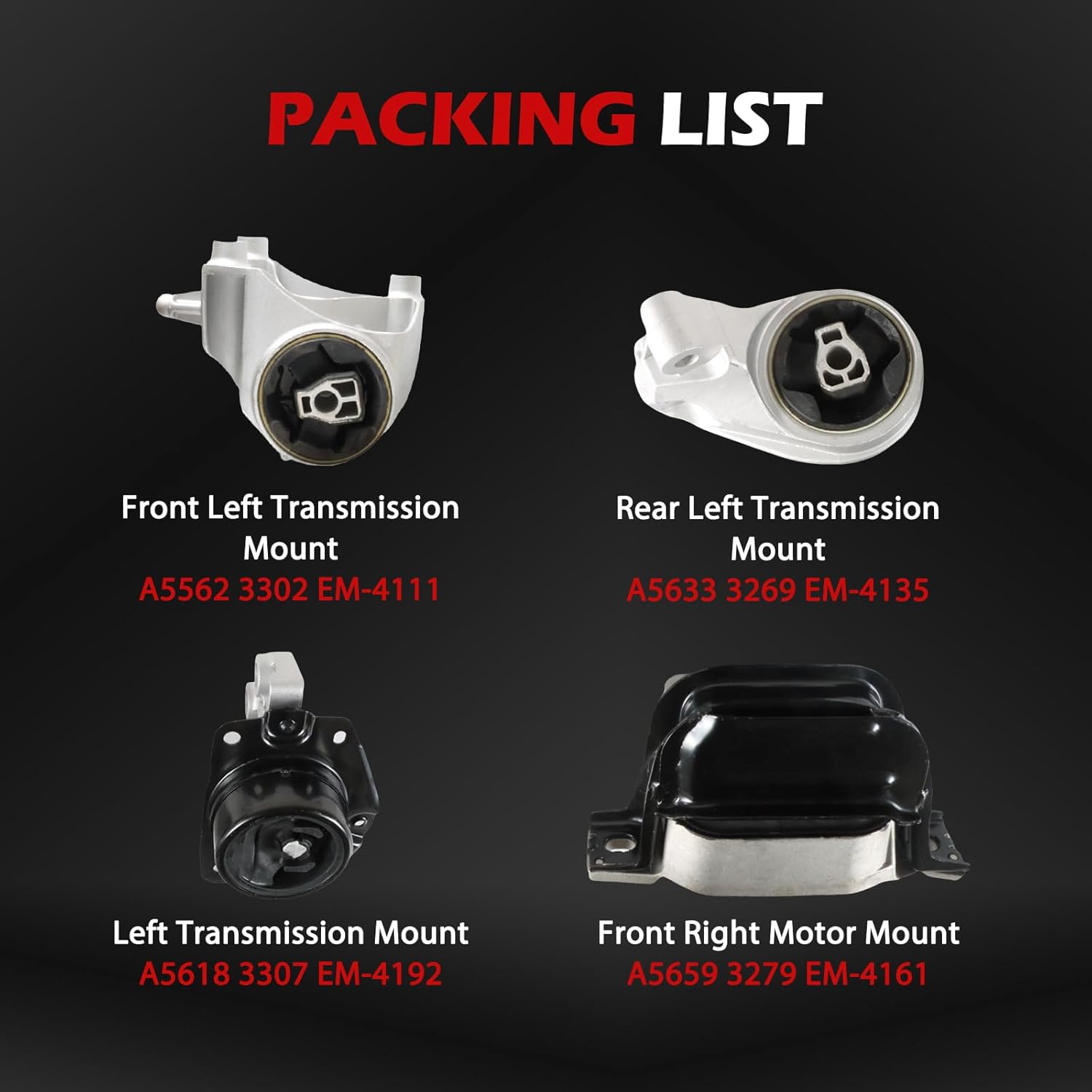 4pcs Engine Trans Mount Set Fit for Equinox 2011-2016 2.4L Engine Components Replace A5659 A5562 A5618 A5633