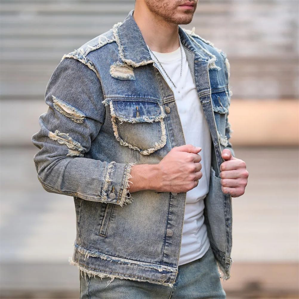 Men Streetwear Solid Ripped Slim Denim Jacket Male Holes Casual Jacket Coat Casual Classic Denim Jacket