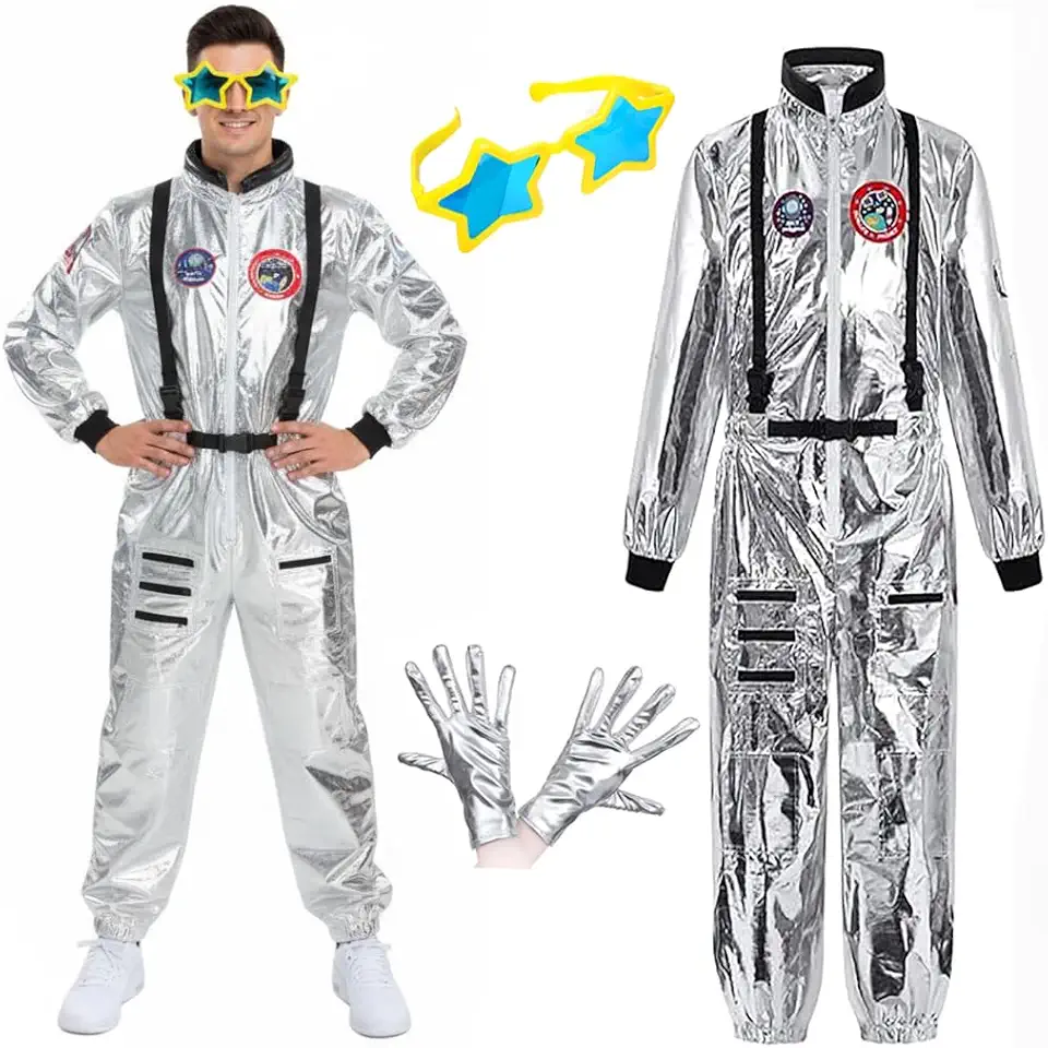 Macacão espacial, fantasia de astronauta, prata, para homens, mulheres, adultos, adolescentes, Halloween, dramatização, fantasia