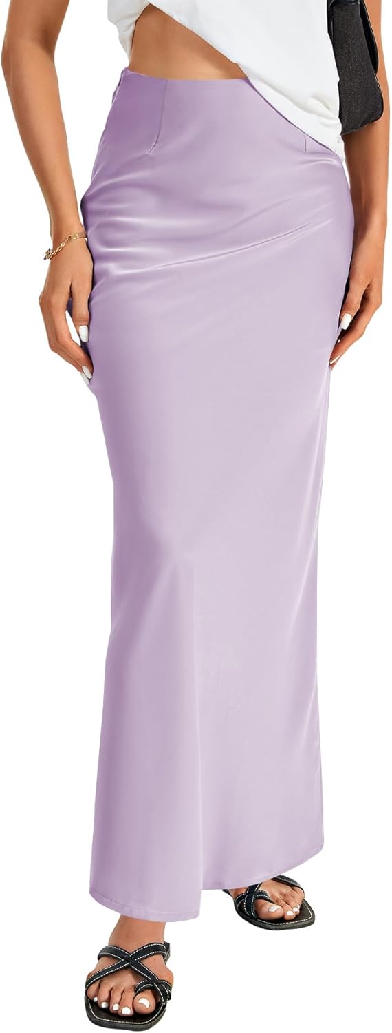 Vrtige Women's Elegant Satin Silky High Waist Zipper Flowy A Line Maxi Long Skirt