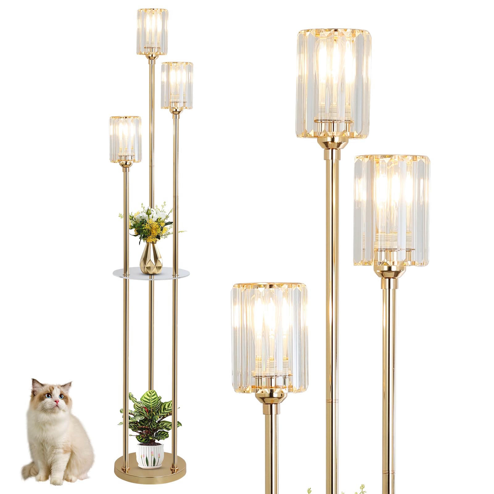 Rayofly Gold Stehlampe Wohnzimmer, Modern Stehlampe mit Regal, 3-flammige Vintage Stehleuchte mit Glas Lampenschirm & Fußschalter, Kristall Stehlampen für Schlafzimmer Büro, Glas Stehlampen Wohnzimmer