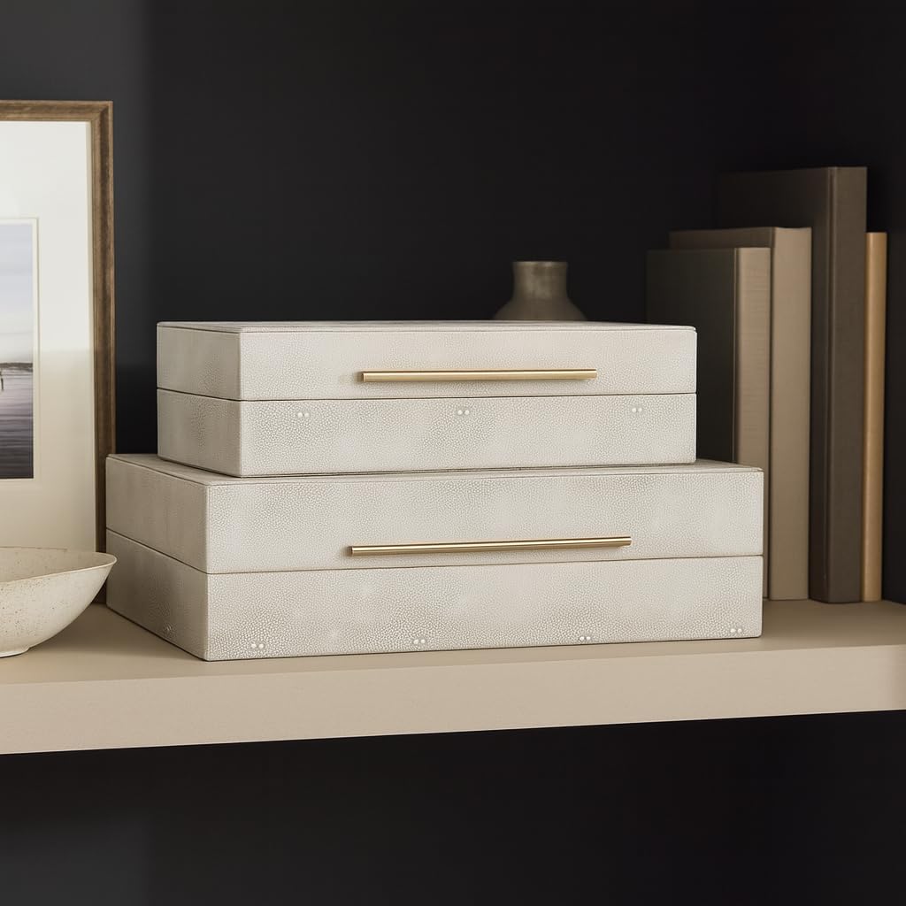 Decorative Faux Leather Boxes with Lid for Home Decor - Elegant Decor Boxes for Jewelry Storage and Keepsake - Stylish Home Organizer for Office or Living Room Decor - Set of 2, 4", 3", Ivory & Gold