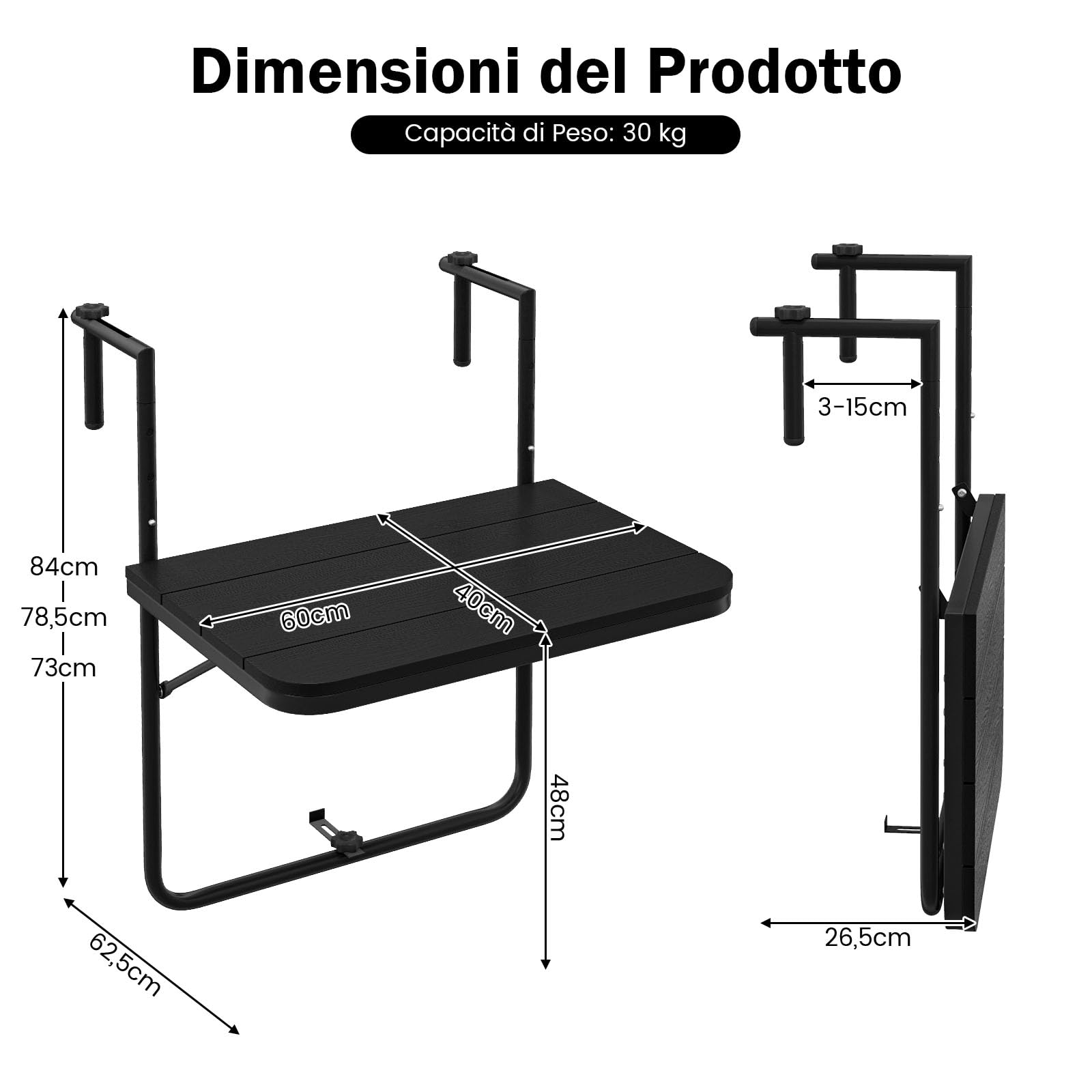 GYMAX Tavolino da Appendere al Balcone, Tavolino Sospeso Pieghevole e Regolabile in Altezza, Resistente alle Intemperie e Senza Ruggine per Ringhiere del Balcone, fino a 30 kg, 60×62,5×84 cm (Nero)
