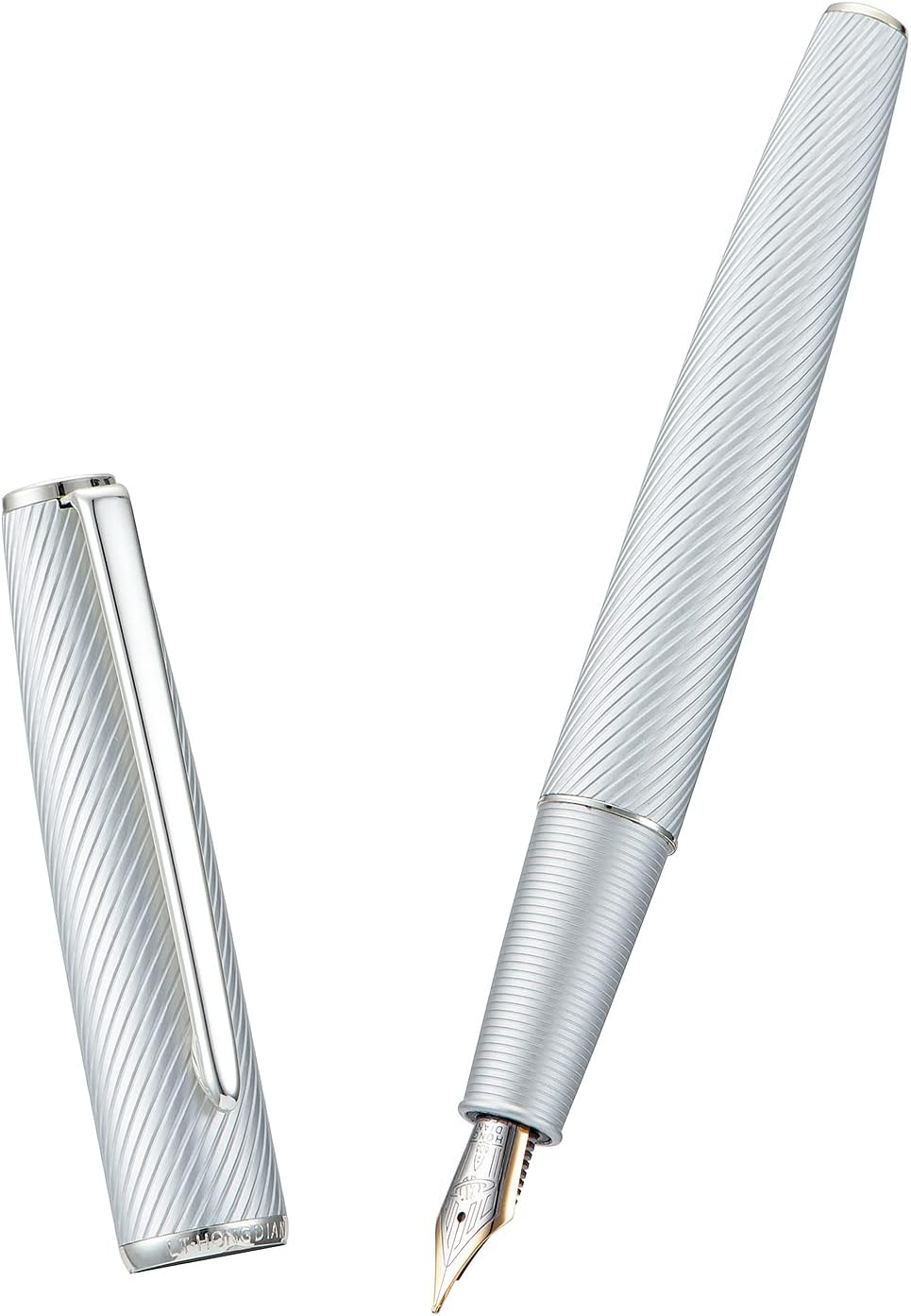 HONG DIAN A3 Silver Aluminum Fountain Pen, Long Blade Fine Nib Luxury Design Calligraphy Writing Pen with Converter and Metal Pen Case Set (Silver Trim)