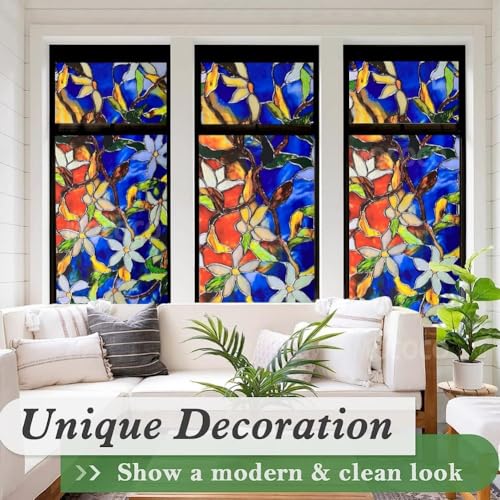 Image of MOCOCO Premium Vinyl Privacy Stained Window Glass Sticker (16x84 Inch) - Self-Adhesive Decorative Film Opaque Sheet Tint Wallpaper for Glass Cover Window, Door, Office, Home.| Anti-UV. Blue Patti