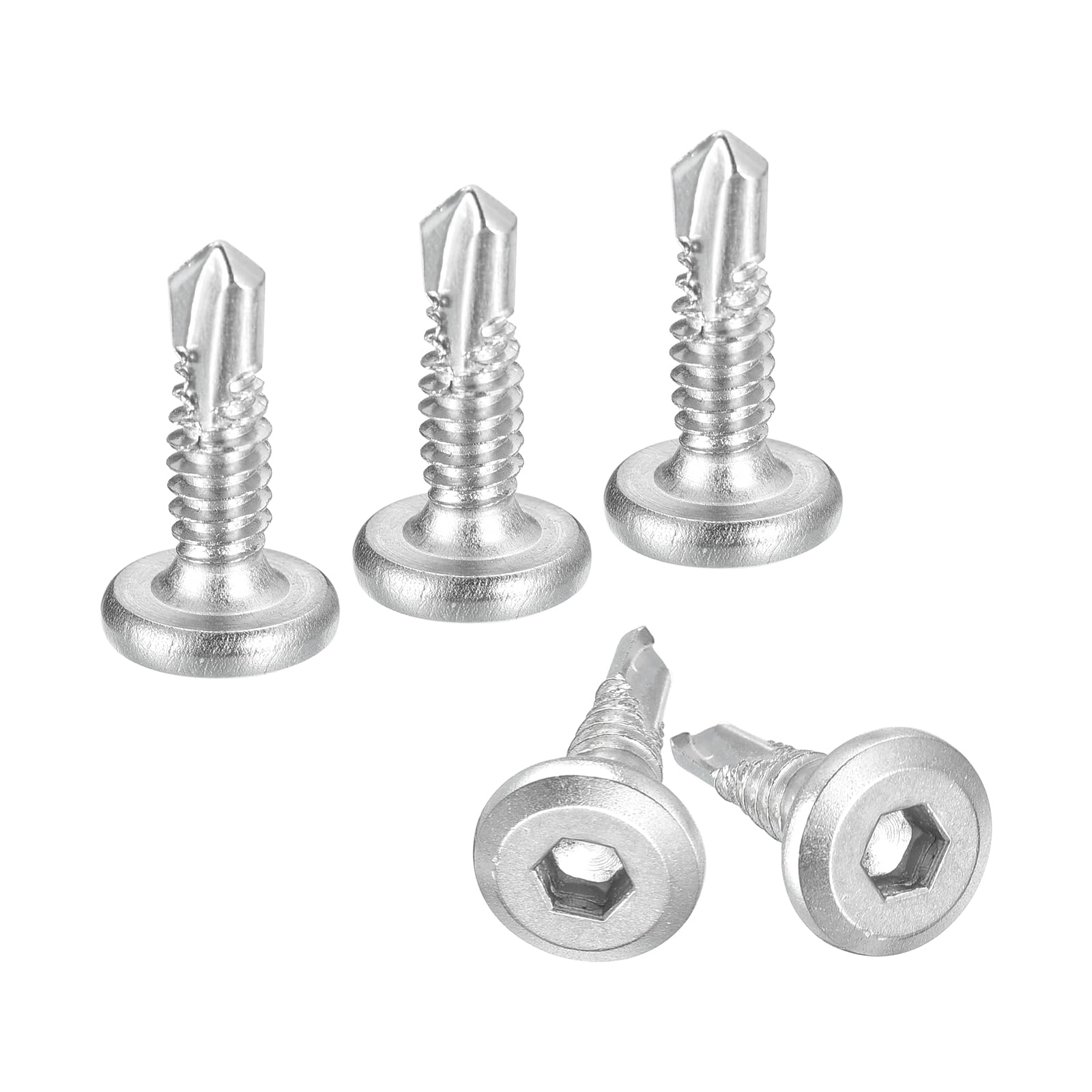 uxcell 100Pcs Hex Socket Self Tapping Screws, #10 x 3/4" 410 Stainless Steel Flat Head Sheet Metal Drilling Screw, Silver