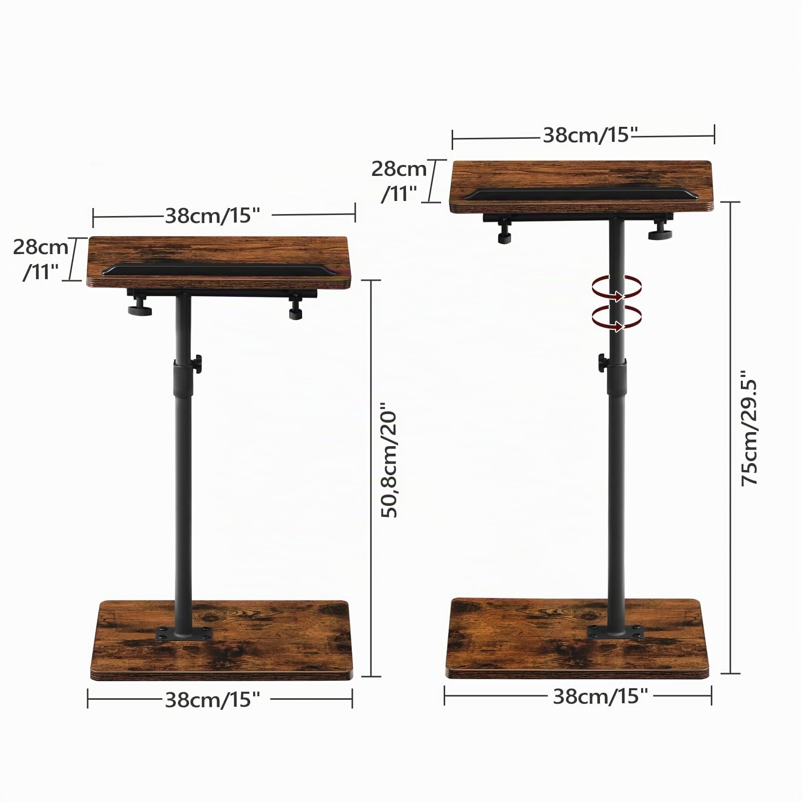 MAHANCRIS Mesa Auxiliar Giratoria 360º y Regulable en Altura, Mesita de Centro en Forma de C, Mesilla de Noche, con Tope para Teléfonos Móviles y Tabletas, para Salón, Sofá, Marrón Vintage AETRB4501
