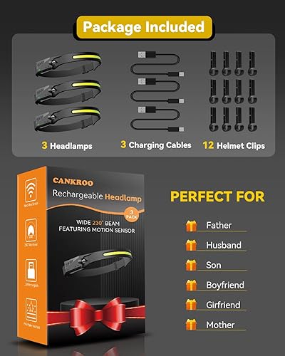 Miniatura 9 de Paquete de 3 faros recargables de haz ancho de 230, manos libres para adultos, luces de cabeza para frente, linterna con clips para casco duro para