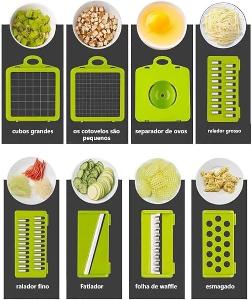 Cortador de Legumes, Alho, Cebola e Alimentos Profissional 16 em 1 – Fatiador e Picador com 8 Lâminas e Recipiente - Premium Cortador de Legumes, Alho, Cebola e Alimentos Profissional 16 em 1 – Fatiador e Picador com 8 Lâminas e Recipiente - Premium
