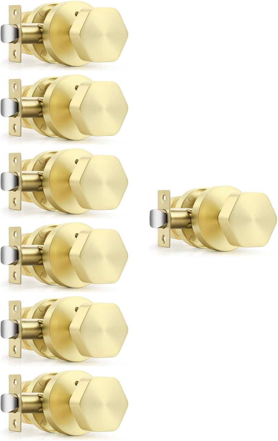 Probrico 6 Hexagon Privacy Door Knobs and 1 Gold Closet Door Knobs Bundle Set, Brushed Gold Interior Door Knobs for Bedroom Bahtroom Hallway
