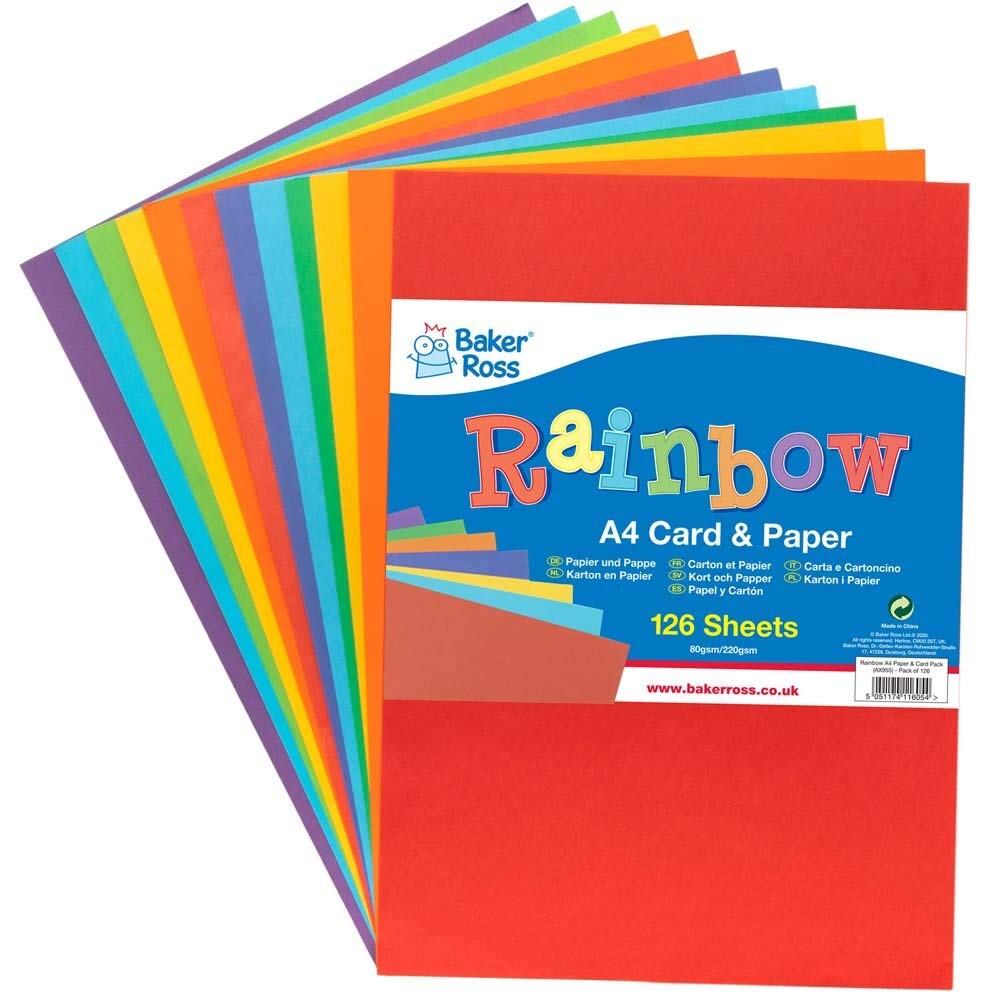 Baker RossAX955 Rainbow A4 Card & Paper - Pack - Pack of 126, Colored Art Supplies for Kids Craft Making Activities