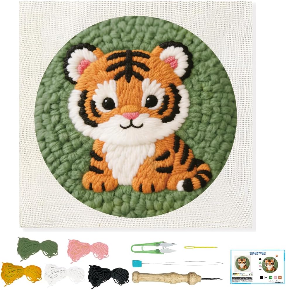 BEUNITONE Cute Tiger Punch Needle Kit for Adults Beginners, Complete DIY Craft Needlepoint Kits with Hoop, Punch Needle Starter Craft Embroidery Set for Festival Gift and Cloth Home Decor 20x20cm